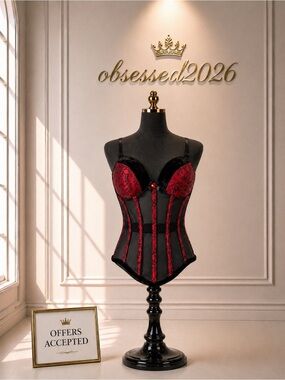 Red & Black Lace Corset Bodice with Structured Boning